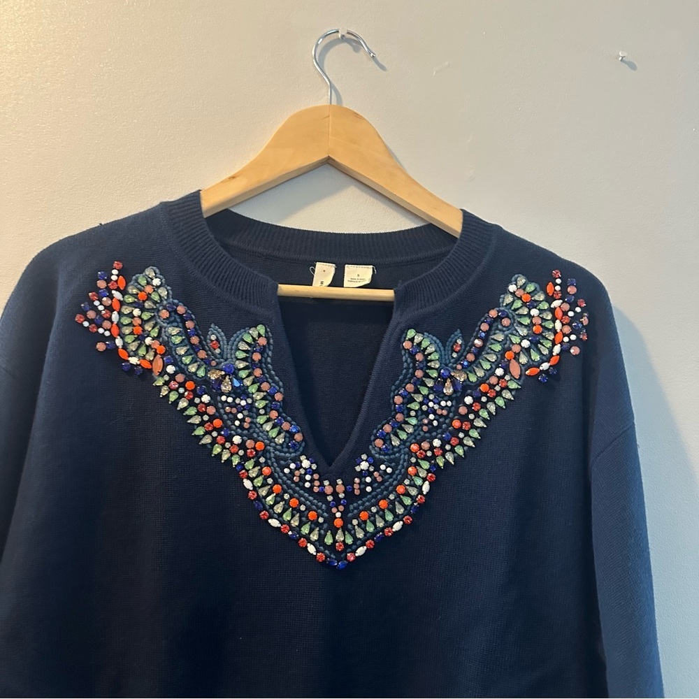 Anthropologie Moth Women’s Jeweled Beaded V-Neck Navy Sweater Size Small - Picture 6 of 14